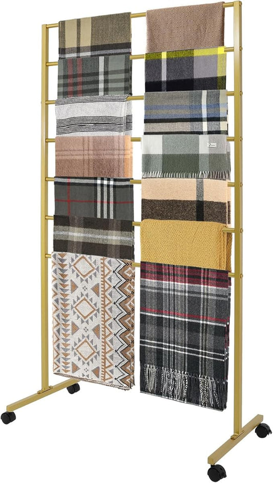 7 Tier Metal Display Rack with Wheels, Floor Standing Scarf Display Stand, Hijab Rack for Retail Stores, Towel, Belts, Ties, and Pants (Gold, 7 Tier)