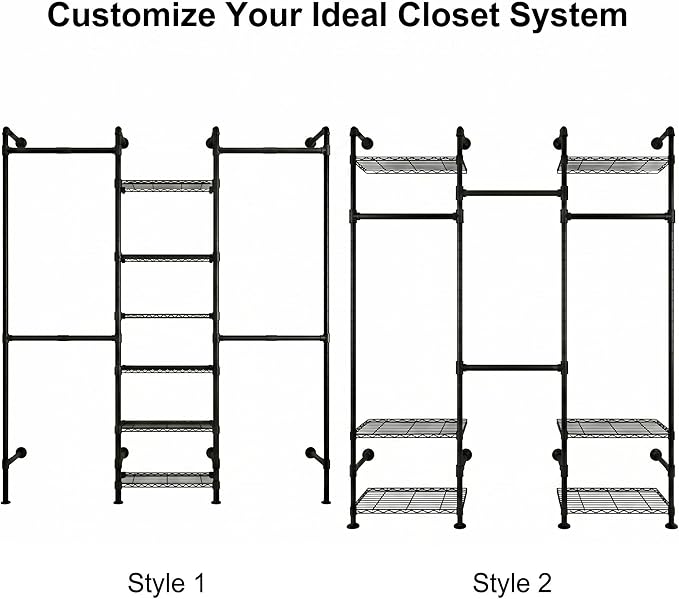 F3 Wall Mounted Closet System, Industrial Pipe Clothing Rack for Hanging Clothes, Heavy Duty Closet Organizer System, Clothes Racks with Shelves & Expandable Rod for Wardrobe, Corner, Black