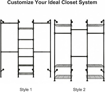 F3 Wall Mounted Closet System, Industrial Pipe Clothing Rack for Hanging Clothes, Heavy Duty Closet Organizer System, Clothes Racks with Shelves & Expandable Rod for Wardrobe, Corner, Black