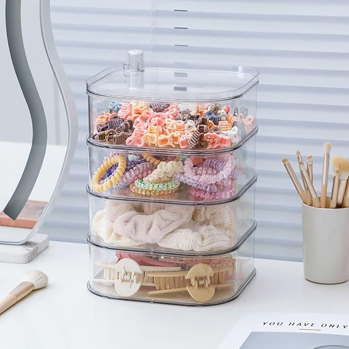 FABROK 4-Layer Girls Hair Tie Organizer, Rotating Hair Accessories Storage Holder for Vanity and Bathroom, Clear Plastic Container for Women Makeup Tools, Skincare Products