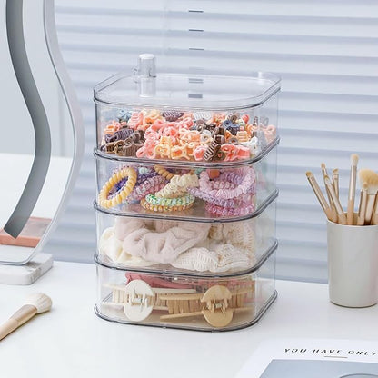FABROK 4-Layer Girls Hair Tie Organizer, Rotating Hair Accessories Storage Holder for Vanity and Bathroom, Clear Plastic Container for Women Makeup Tools, Skincare Products