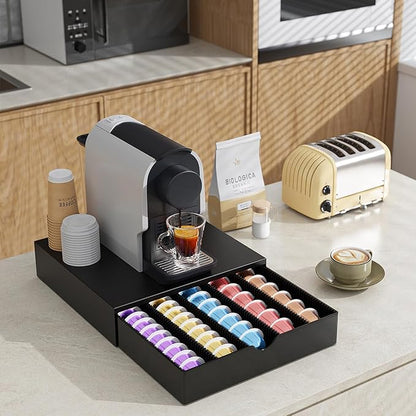 Coffee Pods Drawer Organizer Compatible with Nespresso Vertuo Pods Holds Up to 60 Small or 40 Large (Black)