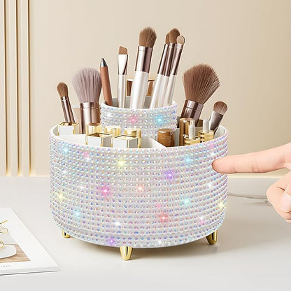 Diesisa Bling Diamond 360° Makeup Brush Holder Organizer, Rotating Makeup Brush Organizer,5 Slot Make up Brushes Cup for Cosmetics, Vanity Desktop Organizer, Gift for Women Teen Girls- Diamond White