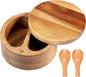 UKQRRTC Salt and Pepper Bowl Acacia Wood Salt and Pepper Box with Rotating Magnetic Lid 2 Compartments Salt and Pepper Cellar with Spoons Salt Spice Box for Salt Pepper Spice Sugar