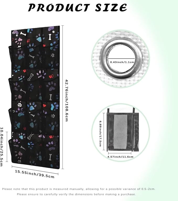 Paw Design Hanging Organizer for Cruise Ship Essentials,Mesh Pocket Over the Door Shoe Organizer Space Saving Large 12 Pockets Sturdy Quick Dry Mesh Organizer Hanging with 2 Holes