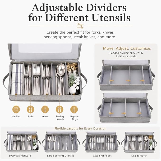 Joyfol Day Flatware Utensil Storage Case, Grey Silverware Storage Box Chest with Adjustable Dividers, Removable Cutlery Storage Holder with Zipper Lid for Organizing Spoon/Flatware/Knives