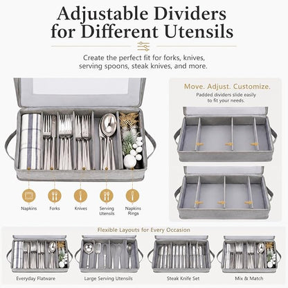 Joyfol Day Flatware Utensil Storage Case, Grey Silverware Storage Box Chest with Adjustable Dividers, Removable Cutlery Storage Holder with Zipper Lid for Organizing Spoon/Flatware/Knives