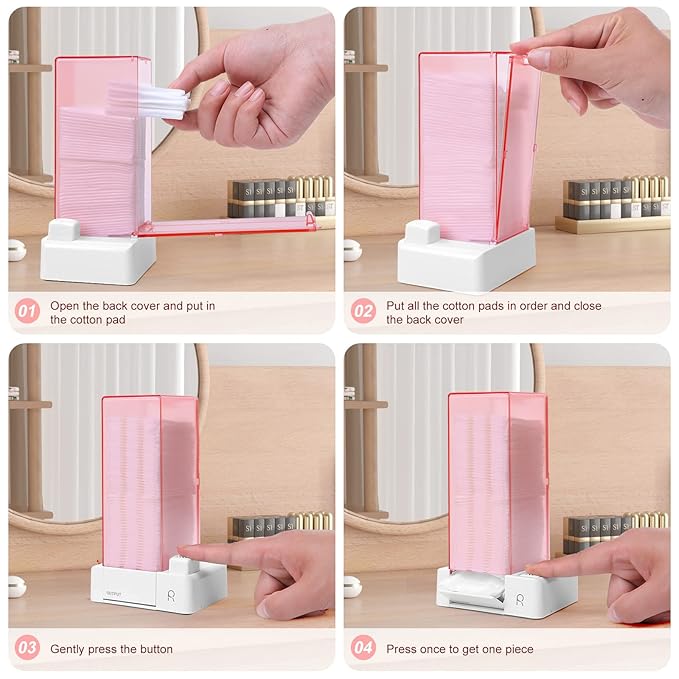 Automatic Cotton Pad Holder, Square Press Out Cosmetic Cotton Makeup Removers Pad Holder, Makeup Cotton Organizer Container Dispenser Storage Display Rack(Pink)