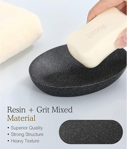 Luxspire Soap Dish, Resin Soap Tray Soap Holder Container Box, Oval Bar Soap Plate Case, Sponge Dish Scrubbers Tray Holder for Bathroom Vanity Shower Kitchen Sink Counter Top, Gravel Black