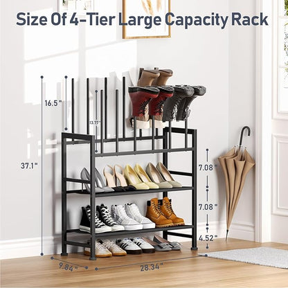 DIMJ Boot Rack 4-Tier - Black Metal Boot Storage Rack for Tall Boots Organizer Tall Boots, Multiuse Shoe Rack for Boots, Sneakers, High-Heel, Entryway, Fits 6 Pairs