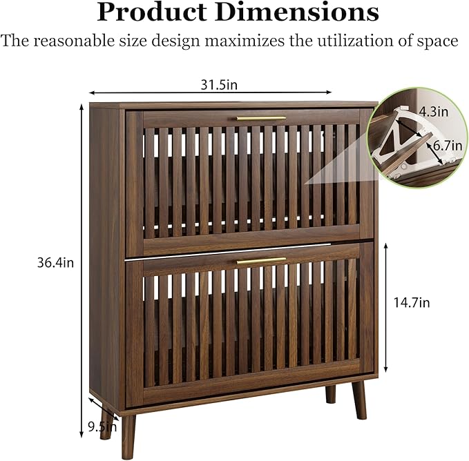 Shoe Cabinet, Shoe Storage Cabinet with Louvered 2 Flip Drawers, Narrow Shoe Cabinet Storage for Entryway, Freestanding Shoe Organizer Cabinet with Golden Handles, Slim Shoe Rack Cabinet (Walnut)