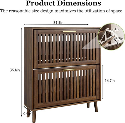 Shoe Cabinet, Shoe Storage Cabinet with Louvered 2 Flip Drawers, Narrow Shoe Cabinet Storage for Entryway, Freestanding Shoe Organizer Cabinet with Golden Handles, Slim Shoe Rack Cabinet (Walnut)