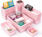 25 PCS Drawer Organizer Set, 4 Size Makeup Drawer Divider Organizer With Non-Slip Pads, Interlocking Plastic Storage Bins for Office,Jewelry Vanity,Gadgets, Bathroom,Kitchen, Pink