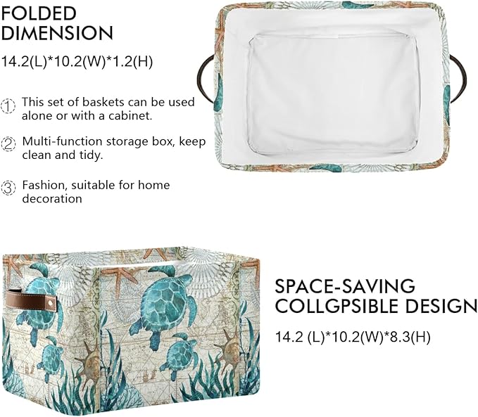 Bolaz Large Storage Basket Vintage Ocean Sea Turtle Starfish Map Foldable Storage Box Organizer Bins with Handles for Bedroom Home Office