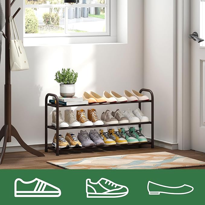 kiplant Expandable Shoe Rack for Closet, 3-Tier Shoe Organizer for Closet, Metal Adjustable Black Shoe Shelf Storage Organizer, Free Standing Shoe Rack for Entryway