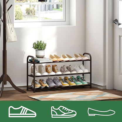 kiplant Expandable Shoe Rack for Closet, 3-Tier Shoe Organizer for Closet, Metal Adjustable Black Shoe Shelf Storage Organizer, Free Standing Shoe Rack for Entryway