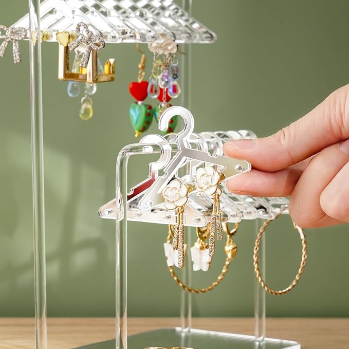 NiHome Acrylic Earring Holder with Unique Double-Tiered Design, Cute Miniature Clothing Hangers with Spacious Storage for 48 Pairs, Mirror-Finish Display for Home Vanity & Retail Showrooms (Silver)