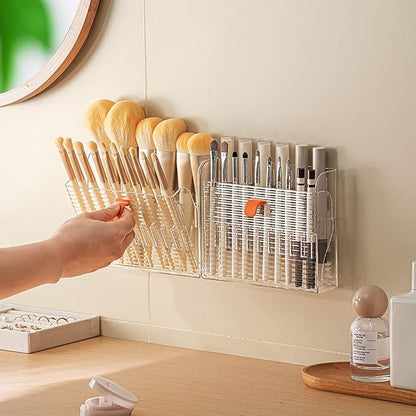 Wall-Mounted Makeup Eyeliner Lip Liner Organizer Holder, 16-Slot Cabinet Storage for Brush, Makeup Pencils, Concealer Pencil Display Case for Vanity Bathroom, Clear