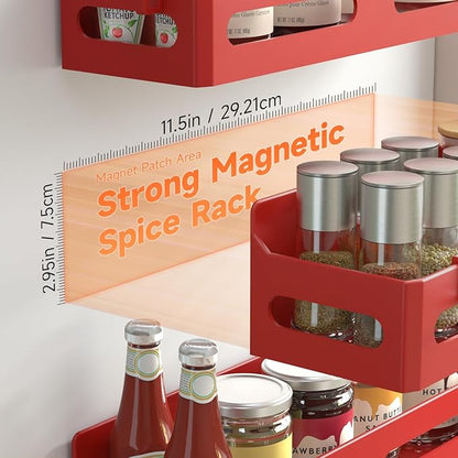 Sevenblue 4 Pack Strong Magnetic Spice Rack for Refrigerator, Multipurpose Magnetic Shelf for Fridge with 4 Hooks for kitchen and Bathroom Organization, Red
