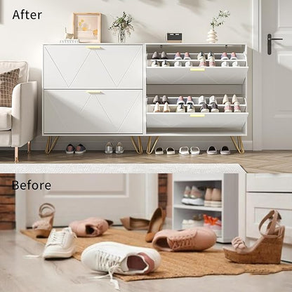 JOZZBY White Shoe Cabinet for Entryway, Narrow Shoe Storage Cabinet with 2 Flip Drawers, Hidden Shoe Rack for Hallway, Living Room