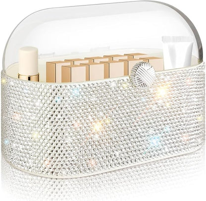 Bling Makeup Organizer with Lid,Shiny Large Capacity Cosmetic Display Case, Easy to Hold Your Makeup Products Lipstick/Makeupbrushes/Eyeliner/Skincare Products