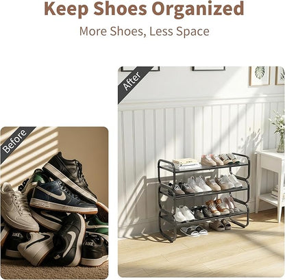 3 Tier Shoe Rack - Expandable Shoe Organizer for Closet, Adjustable Metal Shoe Shelf Storage, Stackable Long Shoe Stand Holder for Garage, Entryway, Door Entrance