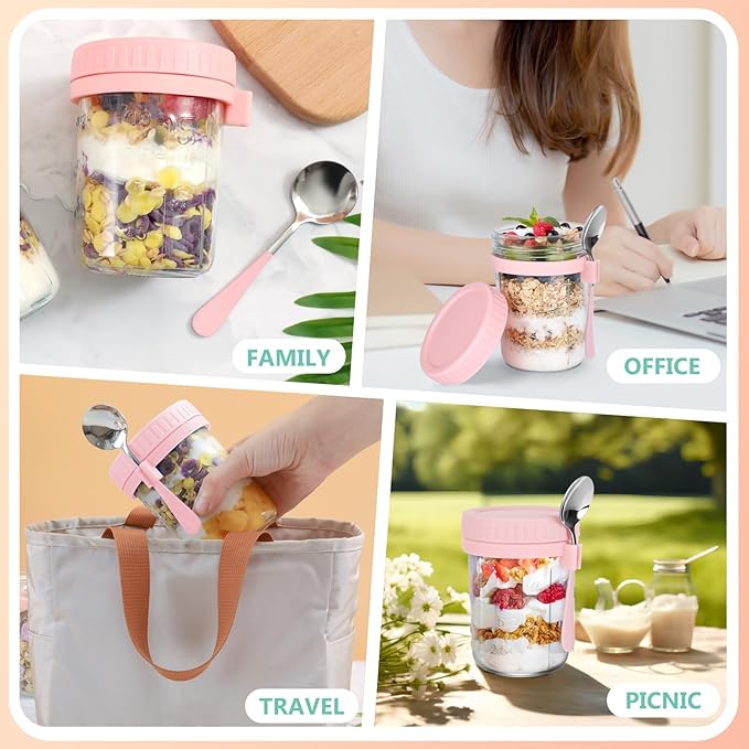 OcePor 6 Pack Overnight Oats Containers with Lids and Spoons, 16 OZ Glass Mason Overnight Oats Jars, Large Capacity Airtight Jars for Milk, Cereal, Fruit(Pink)