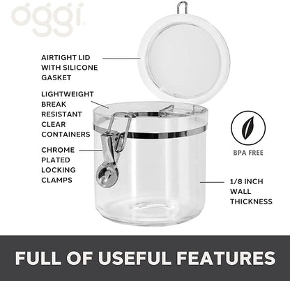 Oggi 4pc Clear Canister Set with Clamp Lids Airtight Containers in Sizes Ideal for Kitchen & Pantry Storage of Bulk, Dry Foods Including Flour, Sugar, Coffee, Rice, Tea, Spices & Herbs