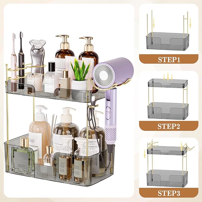 SpaceTrove 2-Tier Bathroom Counter Organizer, Makeup Organizer, Perfume Organizer, Large Skincare & Vanity Organizer, with Toothbrush, Toothpaste, Hair Dryer Holder (Smoky Grey)