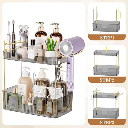 SpaceTrove 2-Tier Bathroom Counter Organizer, Makeup Organizer, Perfume Organizer, Large Skincare & Vanity Organizer, with Toothbrush, Toothpaste, Hair Dryer Holder (Smoky Grey)