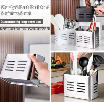 Stainless Steel Kitchen Utensil Holder for countertop, 2 Compartment Caddy & Organizer for Drying Cooking Spoons Utility Sturdy Home Kitchen Daily Use Utensil Drainer (Silver)