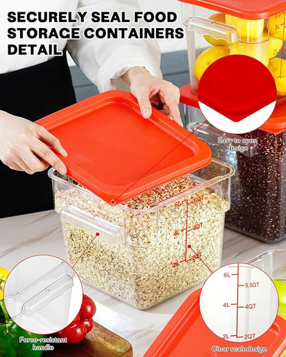 4QT NSF Food Storage Containers: 8 PCS [Food Grade][Hot&Cold Resistant] Commercial Clear Food Storage Containers with Lids for Restaurant Kitchen Proof Dough, Measuring Spoons Included(Red)