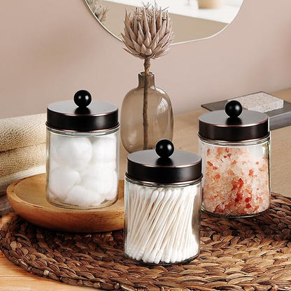 Amolliar Apothecary Jars Bathroom Storage Organizer - Cute Qtip Dispenser Vanity Canister Glass with Lid for Cotton Swabs,Rounds,Bath Salts,Makeup Sponges,Hair Accessories/Oil Rubbed Bronze（2 Pack）