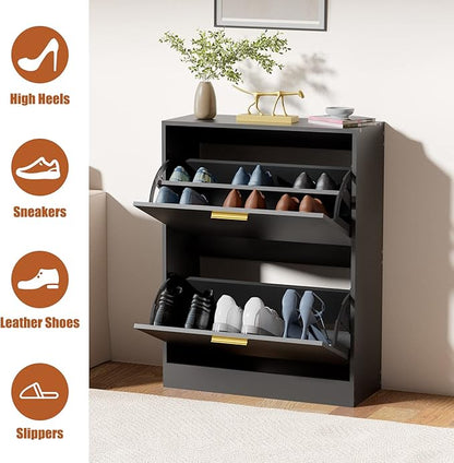 JOZZBY Shoe Cabinet for Entryway, Narrow Shoe Storage Cabinet with 2 Flip Drawers, Wooden Hidden Shoe Rack Organizer with 2 Tier Freestanding for Hallway, Living Room, Set of 2, Black