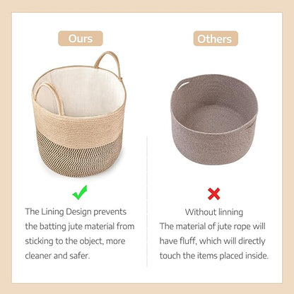 Mkono Woven Storage Basket Decorative Rope Basket Wooden Bead Decoration for Blankets,Toys,Clothes,Shoes,Plant Organizer Bin with Handles Living Room Home Decor, Yellow and Black, 16" W × 13.8"