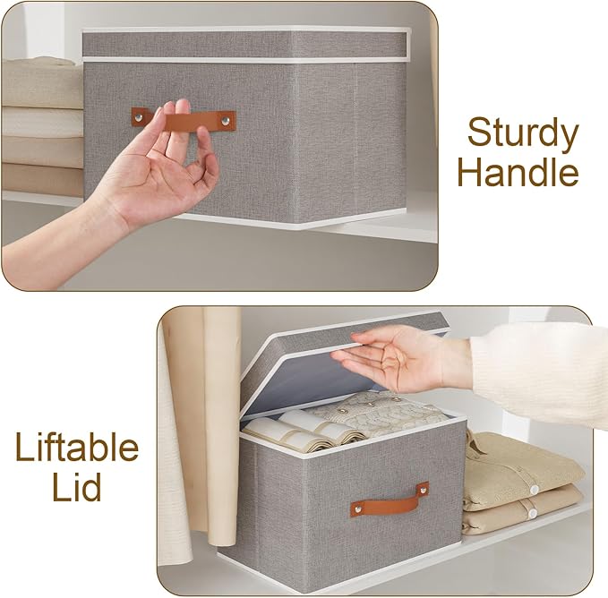 Storage Basket with Lid, Linen Foldable Storage Bin, Closet Organizer Box with Double Handles for Bedroom Corners, Grey, 1 Pack, 13 x 9.1 x 7.9 Inch