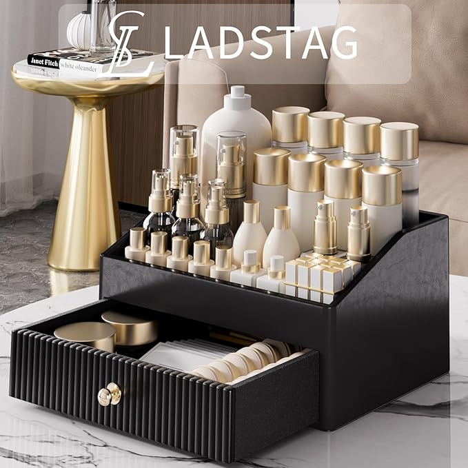 LADSTAG Vanity Organizer,Leather Skin Organizers with 1 Drawer&Tray,Large Capacity Black Vanity Organizers and Storage for Lipstick,Bedroom,Bathroom,Mothers Day Gifts,Gift for Women