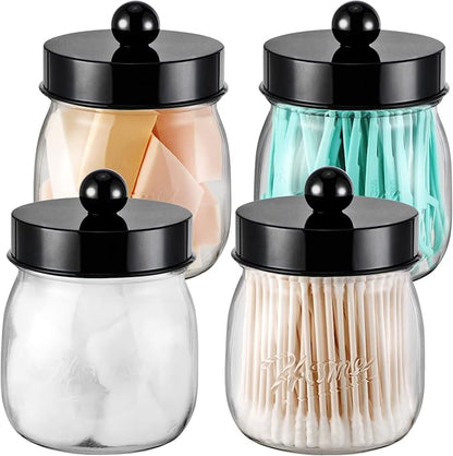 Farmhouse Decor Apothecary Jar Set, Mason Jar Bathroom Vanity Storage Organizer Canister-Qtip Holder Plastic Acrylic Jar for Cotton Swab, Cotton Pad, Floss Pick, Paper Clip, Hair Clips (4 Pack, Black)