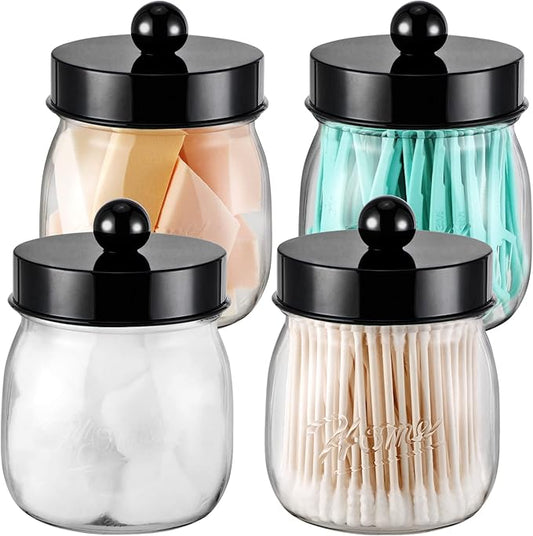 Farmhouse Decor Apothecary Jar Set, Mason Jar Bathroom Vanity Storage Organizer Canister-Qtip Holder Plastic Acrylic Jar for Cotton Swab, Cotton Pad, Floss Pick, Paper Clip, Hair Clips (4 Pack, Black)
