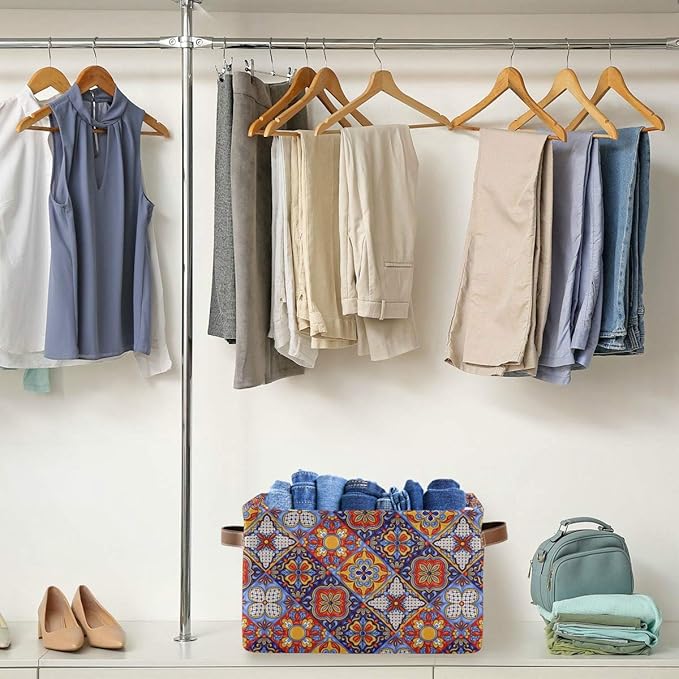 Foldable Storage Baskets, Mexican Ceramic Tile Pattern Storage Bins with Handles, Decorative Cloth Organizer Storage Boxes for Home|Office 15 x 11 x 9.5 in