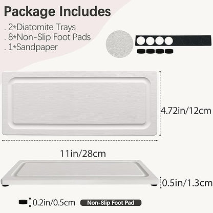 2 PCS Fast-Drying Stone Trays for Bathroom Sink & Kitchen Counter, Water Absorbing Diatomite Sink Coasters, Vanity Tray, Hand Soap Holder with Anti-Skid Pads (11" x 4.7" White)