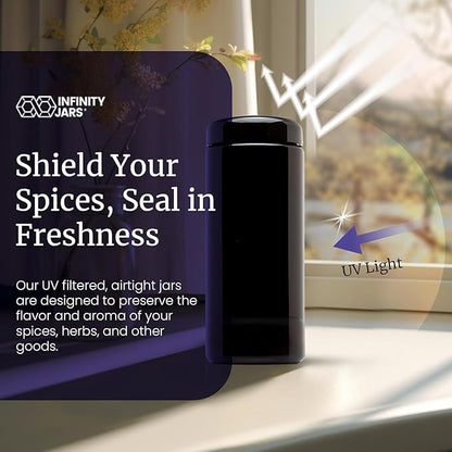 Infinity Jars, 1 L (34 fl oz) Pack 6, Premium Airtight Ultraviolet Glass Jar Smell Proof, Antistatic, Light Blocking Container for Herbs, Coffee, Tea & Spices Durable, Travel-Friendly Storage
