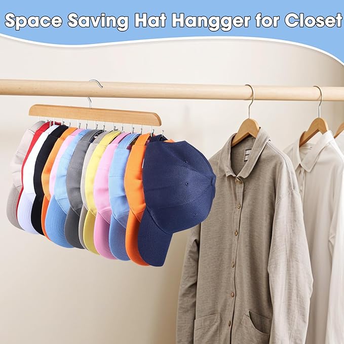Hat Hangers for Closet, 2 Pack Hat Organizer for Baseball Caps with 14 Hooks Space Saving Hat Racks Ball Caps Hat Holder Organizer Tie Belt Hanger for Closet Storage Solution (Wood)