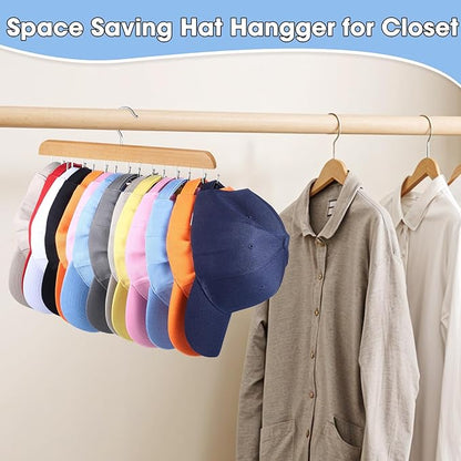 Hat Hangers for Closet, 2 Pack Hat Organizer for Baseball Caps with 14 Hooks Space Saving Hat Racks Ball Caps Hat Holder Organizer Tie Belt Hanger for Closet Storage Solution (Wood)