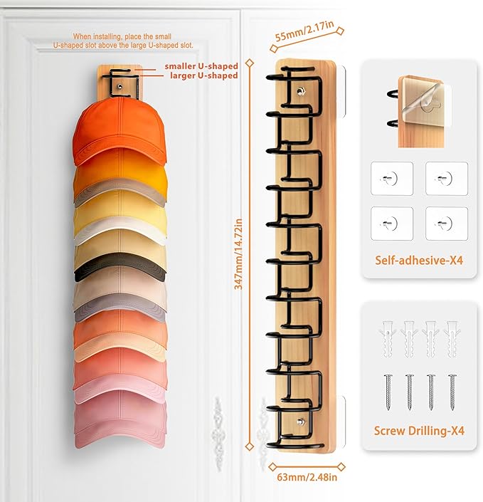 2 Pack Hat Organizer for Baseball Caps, Wood & Metal Hat Rack for Wall, Hat Storage for 22 Caps with Strong Adhesive/Wall Drilled for Door, Wall and Closet (Natural Wood)