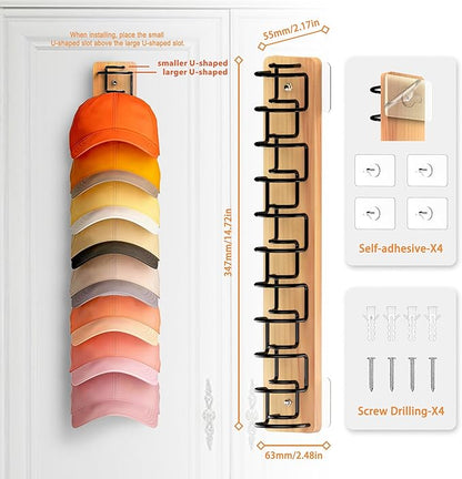 2 Pack Hat Organizer for Baseball Caps, Wood & Metal Hat Rack for Wall, Hat Storage for 22 Caps with Strong Adhesive/Wall Drilled for Door, Wall and Closet (Natural Wood)