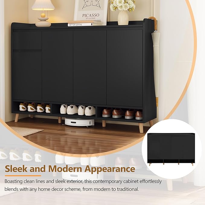 JIVOIT Shoe Cabinet with Adjustable Shelves, Drawer, Sleek and Contemporary Shoe Rack with Solid Wood Legs, Minimalist Home Organizer Storage Sideboard for Entryway, Living Room (Black,167)