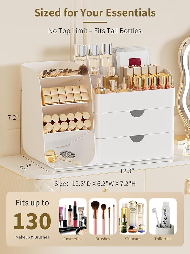Booklov Makeup Organizer for Vanity, Countertop Cosmetic Display Case with Drawers, Bathroom Counter Beauty Caddy, Comfyroom Table Storage Holder for Skincare, Brush Eyeliner Eyeshadow Lipstick, White