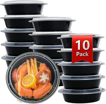 Meal Prep Containers Reusable 10 Pack-24 oz Food Storage Containers with Lids To Go Food Containers Takeout, Microwave Dishwasher Freezer Safe, Stackable, BPA Free, Plastic (Black)