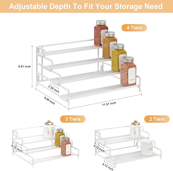 RUILALIFE 4-Tier-Spice-Rack-Organizer-for-Cabinet, Adjustable Depth Spice Holder Shelf For Countertop Pantry Cupboard, Metal Tiered Seasoning Organizer,Display Shelf Riser (White-2 Pack)